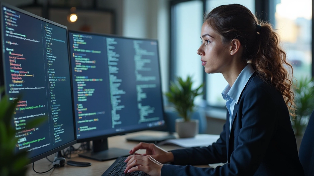 Разработчик работает с кодом на мониторе в современном офисе
