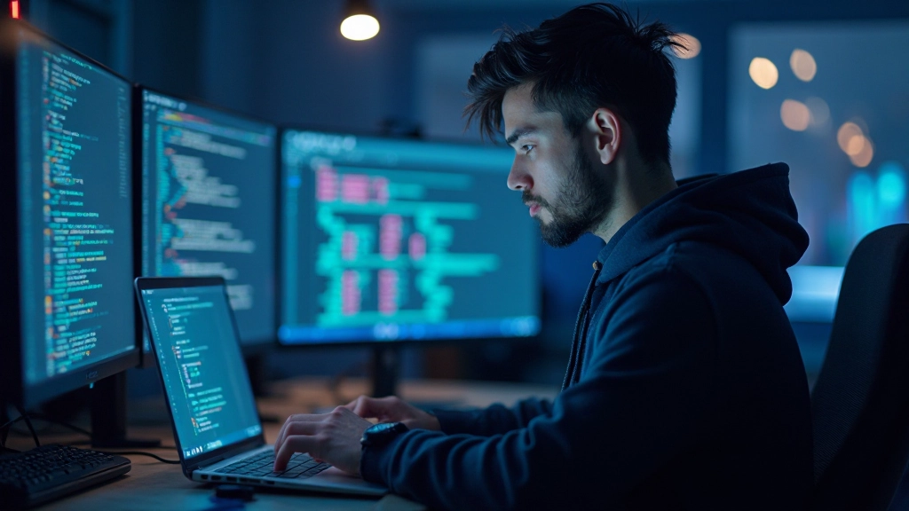 Программист работает с асинхронным кодом на ноутбуке