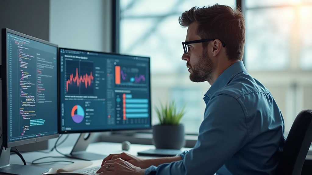 Профессиональный рабочий стол разработчика с кодом на мониторе