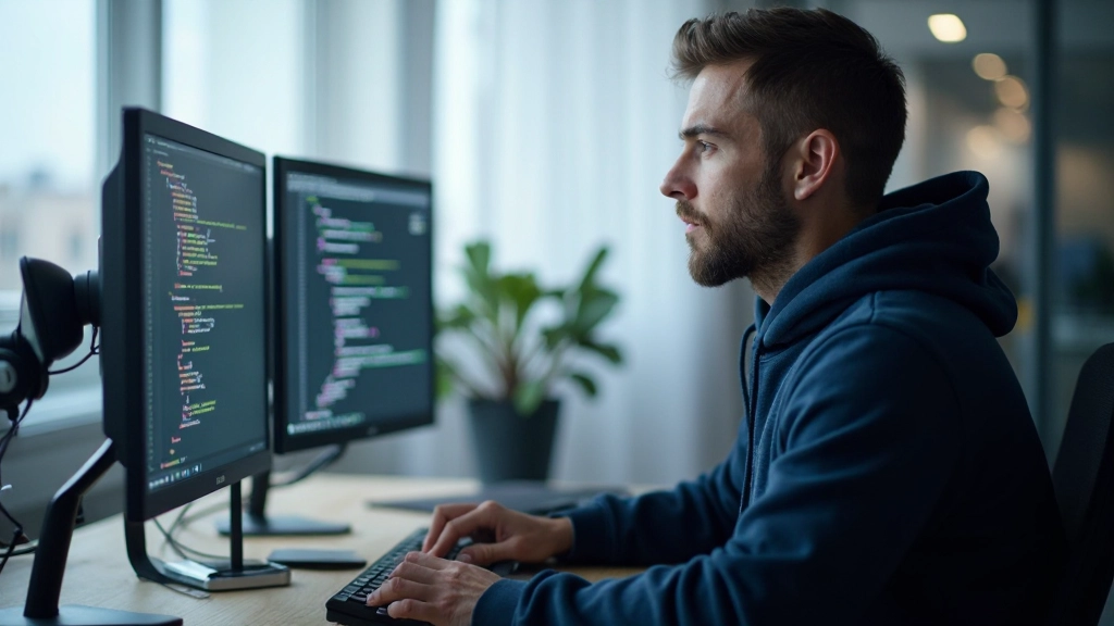 Разработчик работает с кодом на мониторе в современном офисе