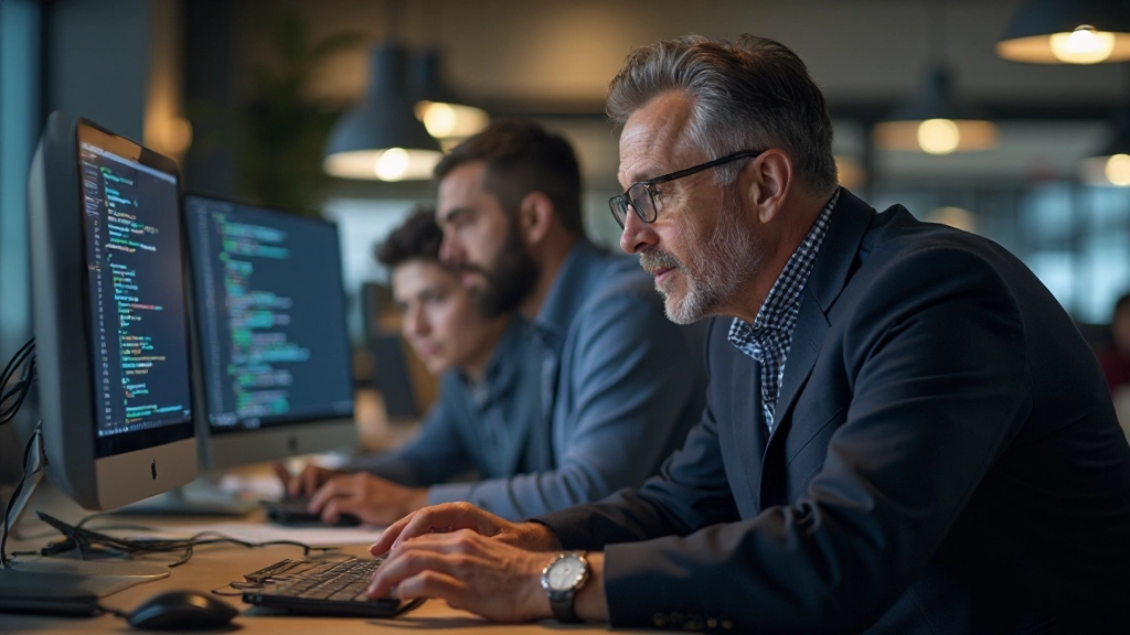 Опытный разработчик менторит молодого программиста в офисе